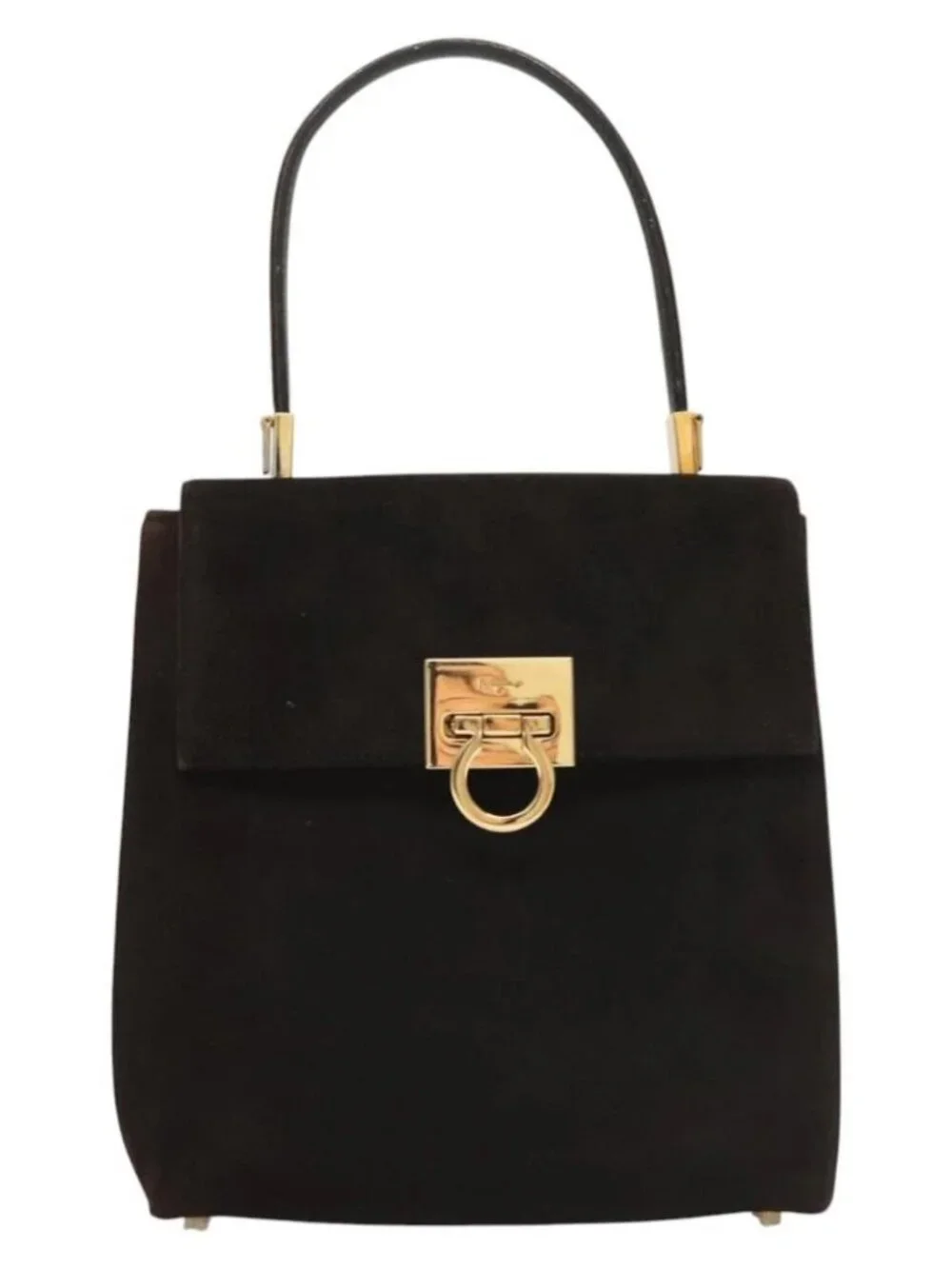 Salvatore Ferragamo Gancini Hand Bag Suede 2way Black Gold Auth BA2414 - Picture 2 of 16